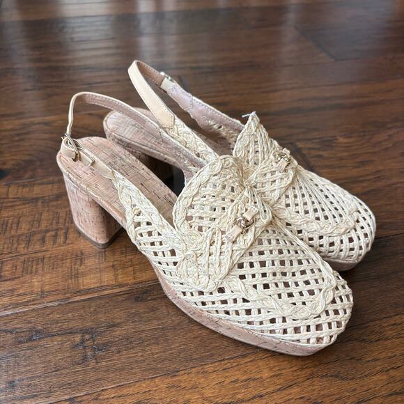 AEROSOLES Santiago Natural Raffia Heeled Loafer Sz 9 Tan Summer Slingback - Picture 1 of 12